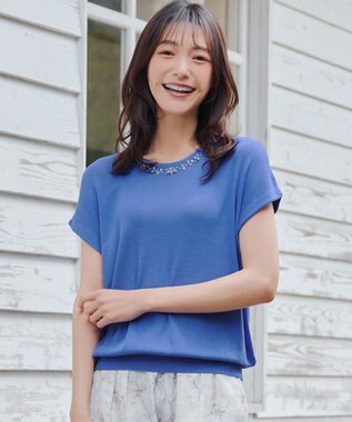 Tiaclasse L 【洗える】ビジュー付きフレンチニット ブルー