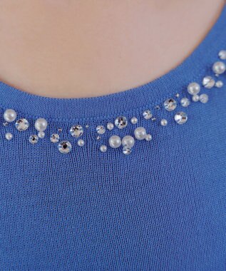 Tiaclasse L 【洗える】ビジュー付きフレンチニット ブルー