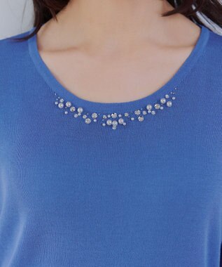 Tiaclasse L 【洗える】ビジュー付きフレンチニット ブルー