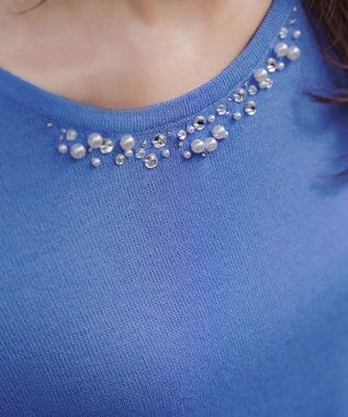 Tiaclasse L 【洗える】ビジュー付きフレンチニット ブルー