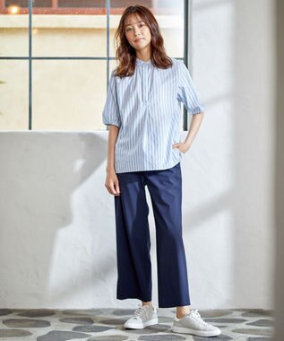 J.PRESS LADIES 【洗える】マイクロタイプライターストレッチ セミワイド パンツ ネイビー系