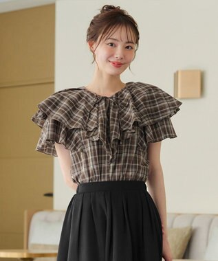 Tiaclasse L 【洗える】チェック柄フリルブラウス ブラウンチェック