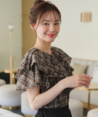 Tiaclasse L 【洗える】チェック柄フリルブラウス ブラウンチェック