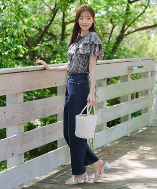 Tiaclasse L 【洗える】チェック柄フリルブラウス ブルーチェック