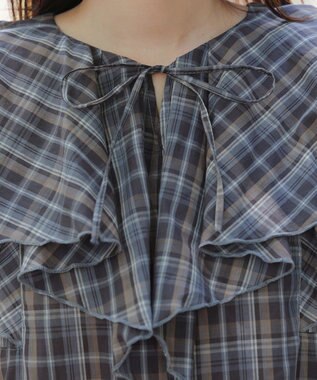 Tiaclasse L 【洗える】チェック柄フリルブラウス ブルーチェック