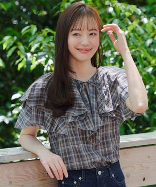 Tiaclasse L 【洗える】チェック柄フリルブラウス ブルーチェック