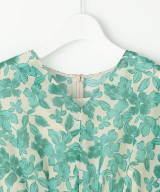 自由区 L ハーバリウムフラワープリントVネック ワンピース ベージュ×エメラルド