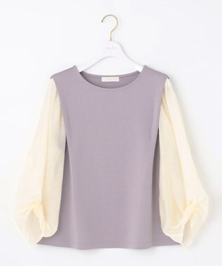 ANY SIS 【洗える】異素材コンビネジリパフ袖 プルオーバー ラベンダー×アイボリー