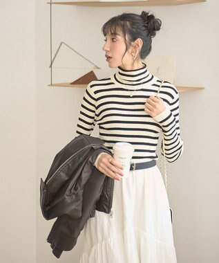 WEGO 【手洗い可】タートルネックニット ホワイトボーダー