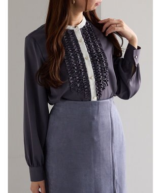 Te chichi フロントフリルバイカラーブラウス チャコールグレー