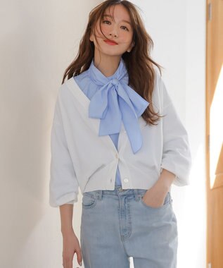 Feroux 【洗える・2WAY】リボンタイチュニック ブラウス スカイブルー系