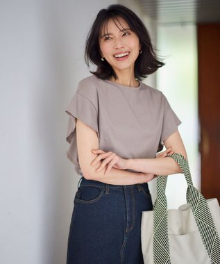 ANY 【接触冷感/UVケア/シワになりにくい】フレアスリーブ TブラウスⅡ グレージュ