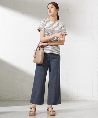 J.PRESS LADIES L 【洗える】麻ポリエステルストレッチ ワイド パンツ ネイビーシャンブレー系