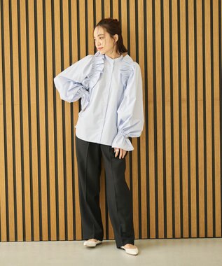 #Newans 【洗濯機可能/シワになりにくい】〈春名亜美さんコラボ〉ショルダーフリルブラウス サックス