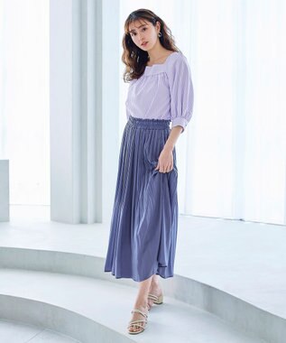 Tiaclasse L 【洗える】ストライプパフスリーブブラウス ラベンダー