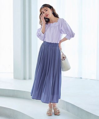 Tiaclasse L 【洗える】ストライプパフスリーブブラウス ラベンダー