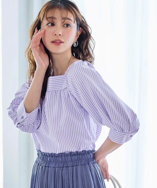 Tiaclasse L 【洗える】ストライプパフスリーブブラウス ラベンダー