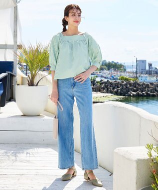 Tiaclasse L 【洗える】ストライプパフスリーブブラウス グリーン