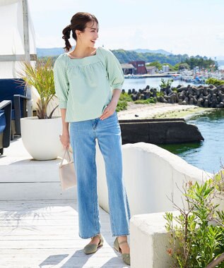 Tiaclasse L 【洗える】ストライプパフスリーブブラウス グリーン