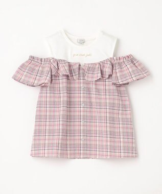 ANY KIDS オフショルダー フリル ブラウス ブラウン系チェック