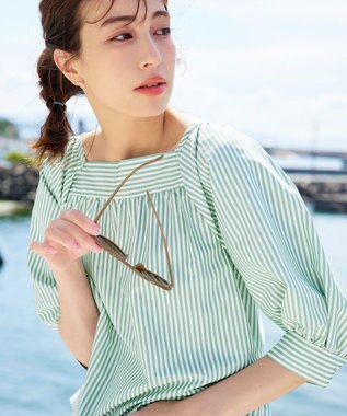 Tiaclasse L 【洗える】ストライプパフスリーブブラウス グリーン