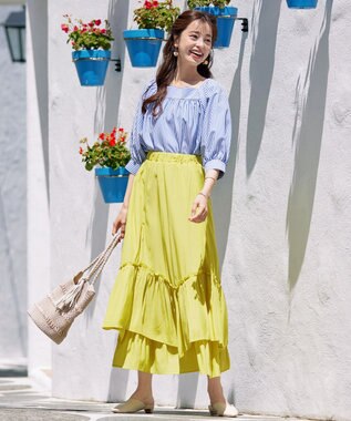 Tiaclasse L 【洗える】ストライプパフスリーブブラウス ブルー