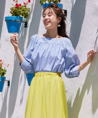 Tiaclasse L 【洗える】ストライプパフスリーブブラウス ブルー