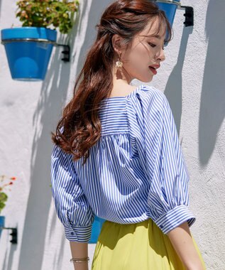 Tiaclasse L 【洗える】ストライプパフスリーブブラウス ブルー