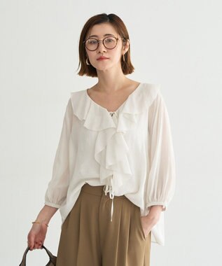 YECCA VECCA ラッフルリボンシアーブラウス Off White