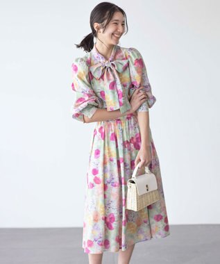 組曲 【前後着用可】ピオニーシフォンプリント ボウタイブラウス ピンク系5