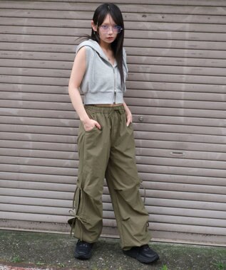 WEGO 【ウエストゴム】サイドリボンパラシュートパンツ オリーブ