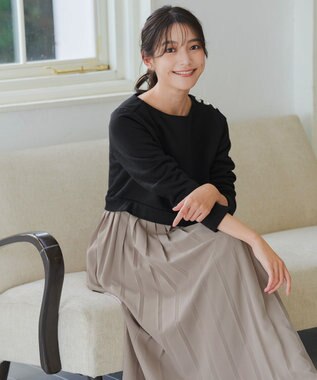 Tiaclasse L 【洗える】裏起毛ドッキングワンピース ブラック×グレージュ