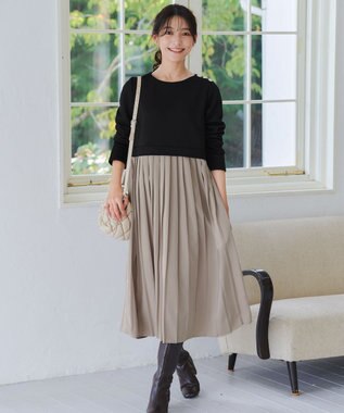 Tiaclasse L 【洗える】裏起毛ドッキングワンピース ブラック×グレージュ