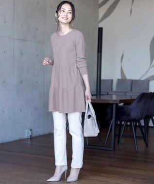 Tiaclasse L 【洗える】大人華やぐ2段ティアードニットチュニック ラベンダーグレー
