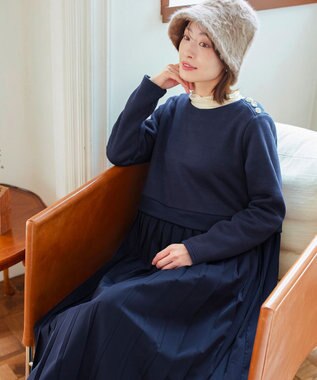 Tiaclasse L 【洗える】裏起毛ドッキングワンピース ネイビー