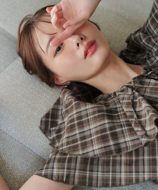 Tiaclasse L 【洗える】チェック柄フリルブラウス ブラウンチェック