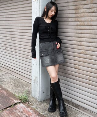 WEGO レイヤード風レースアップトップス ブラック