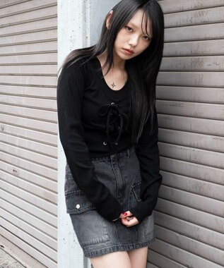 WEGO レイヤード風レースアップトップス ブラック