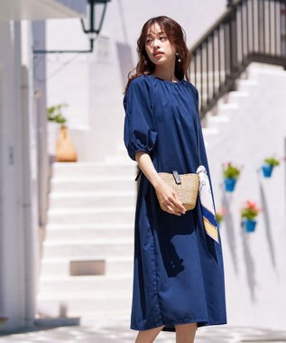 Tiaclasse 【洗える】後ろリボンバルーンスリーブワンピース ネイビー
