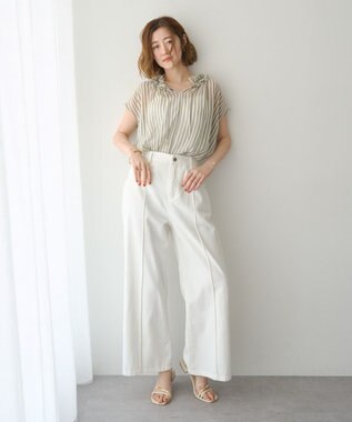 YECCA VECCA ギャザーリボンブラウス Stripe