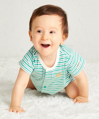 MIKI HOUSE HOT BISCUITS 【70-80cm】 みじんボーダー ワンポイント刺繍 ショートオール グリーン