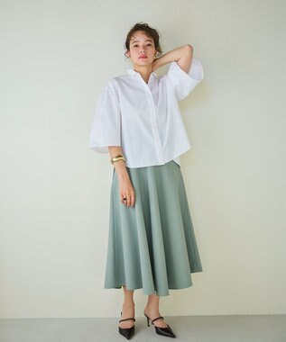 #Newans 【洗濯機可能/シワになりにくい】〈お尻・太ももをカバー〉フレアスリーブイタリアンカラーシャツ ホワイト