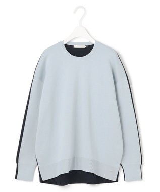 ICB 【WEB限定カラーあり・洗える】コットンポリエステルスムース  ニットプルオーバー サックスブルー×ネイビー系［前後配色］