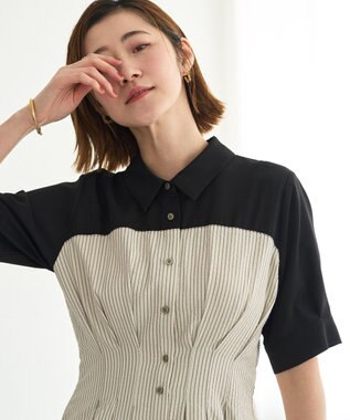 YECCA VECCA ハーフスリーブベアドッキングワンピース Stripe