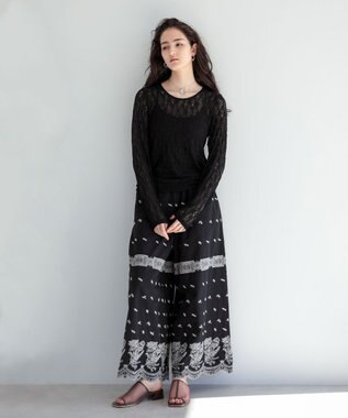 Green Parks ■ＥＳＣＡＲ　バイカラー刺繍ワイドイージーパン Black