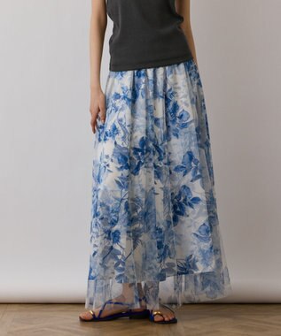 GRACE CONTINENTAL シャドーフラワープリントスカート ブルー