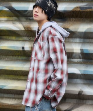 WEGO 【ユニセックス着用ITEM/MLサイズ展開】オンブレチェックフードシャツ（LS） レッドチェック1