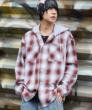 WEGO 【ユニセックス着用ITEM/MLサイズ展開】オンブレチェックフードシャツ（LS） レッドチェック1