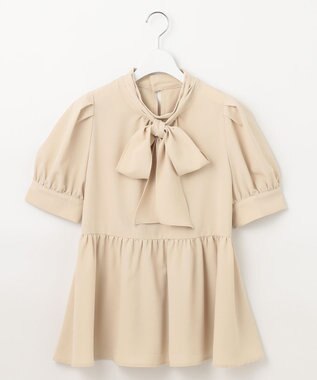 Feroux 【洗える】ペプラム ボウタイブラウス ベージュ系
