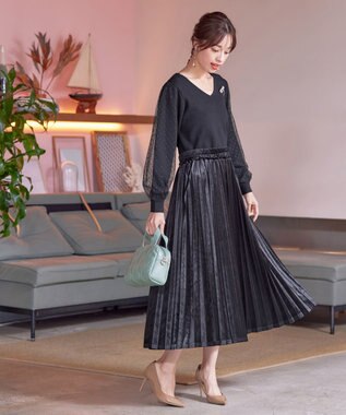 Tiaclasse L 【洗える】ドットチュールコンビニットトップス ブラック